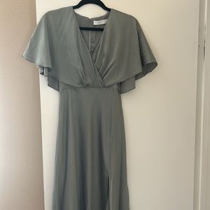 Dusty Sage Satin Flutter Sleeve MIDI Dress